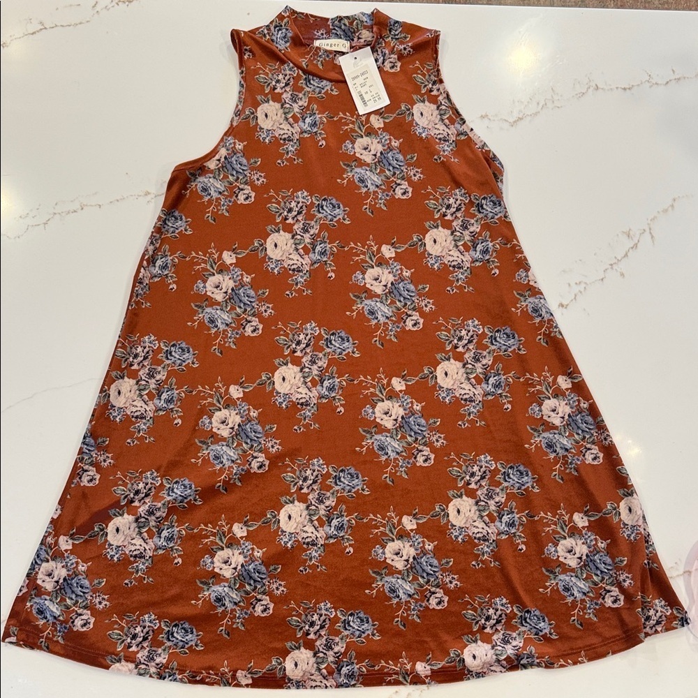 Soft Cottagecore Sleeveless Floral Dress - Rust and Blue